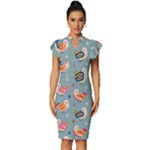 Cute Bird Pattern Vintage Frill Sleeve V-Neck Bodycon Dress