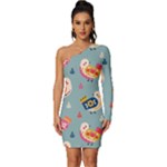 Cute Bird Pattern Long Sleeve One Shoulder Mini Dress