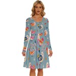 Cute Bird Pattern Long Sleeve Dress With Pocket