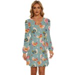 Cute Bird Pattern Long Sleeve Waist Tie Ruffle Velvet Dress