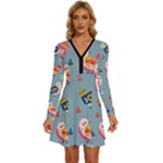 Cute Bird Pattern Long Sleeve Deep V Mini Dress 