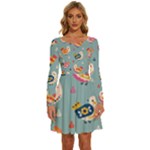 Cute Bird Pattern Long Sleeve Wide Neck Velvet Dress