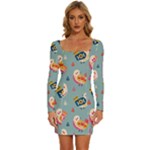 Cute Bird Pattern Long Sleeve Square Neck Bodycon Velvet Dress