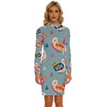 Cute Bird Pattern Long Sleeve Shirt Collar Bodycon Dress