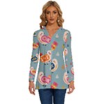 Cute Bird Pattern Long Sleeve Drawstring Hooded Top