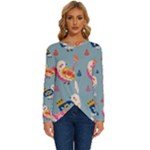 Cute Bird Pattern Long Sleeve Crew Neck Pullover Top