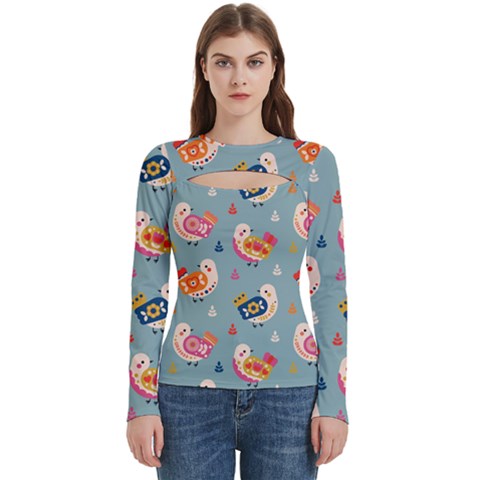 Cute Bird Pattern Women s Cut Out Long Sleeve T