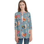 Cute Bird Pattern Women s Zip Front V-Neck 3/4 Sleeve Casual Top Pocket Shirt