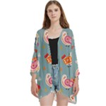 Cute Bird Pattern Open Front 3/4 Sleeve Batwing Chiffon Cardigan Kimono