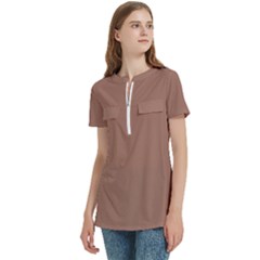 Women s Zip Front V-Neck Short Sleeve Casual Top Pocket Shirt 