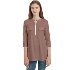 Women s Zip Front V-Neck 3/4 Sleeve Casual Top Pocket Shirt 