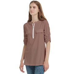 Women s Zip Front V-Neck 3/4 Sleeve Casual Top Pocket Shirt 