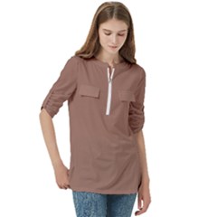 Women s Zip Front V-Neck 3/4 Sleeve Casual Top Pocket Shirt 