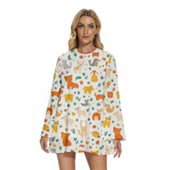 Round Neck Long Sleeve Bohemian Style Chiffon Mini Dress 