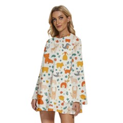 Round Neck Long Sleeve Bohemian Style Chiffon Mini Dress 