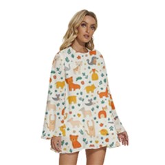 Round Neck Long Sleeve Bohemian Style Chiffon Mini Dress 