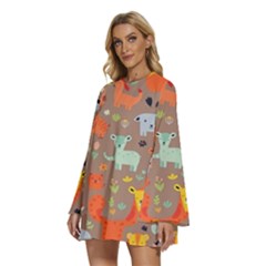 Round Neck Long Sleeve Bohemian Style Chiffon Mini Dress 