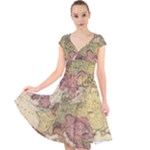 Retro Old Vintage Map Of Europe Cap Sleeve Front Wrap Midi Dress