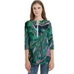 Malachite  Women s Zip Front V-Neck 3/4 Sleeve Casual Top Pocket Shirt