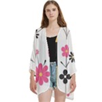  Minimalist Pattern With Simple Lines,flower And Shapes, Creating A Clean And Modern Open Front 3/4 Sleeve Batwing Chiffon Cardigan Kimono