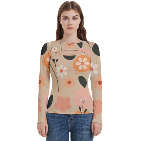 Minimalist Pattern With Simple Lines,flower And Shapes, Creating A Clean And Modern Women s Cut Out Long Sleeve T