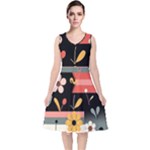  Minimalist Pattern With Simple Lines,flower And Shapes, Creating A Clean And Modern V-Neck Midi Sleeveless Dress 