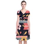  Minimalist Pattern With Simple Lines,flower And Shapes, Creating A Clean And Modern Short Sleeve Front Wrap Dress