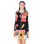  Minimalist Pattern With Simple Lines,flower And Shapes, Creating A Clean And Modern Long Sleeve V-neck Flare Dress