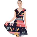  Minimalist Pattern With Simple Lines,flower And Shapes, Creating A Clean And Modern Cap Sleeve Front Wrap Midi Dress