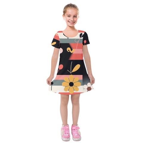 Minimalist Pattern With Simple Lines,flower And Shapes, Creating A Clean And Modern Kids  Short Sleeve Velvet Dress from ArtsNow.com