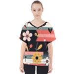  Minimalist Pattern With Simple Lines,flower And Shapes, Creating A Clean And Modern V-Neck Dolman Drape Top