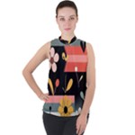  Minimalist Pattern With Simple Lines,flower And Shapes, Creating A Clean And Modern Mock Neck Chiffon Sleeveless Top