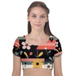  Minimalist Pattern With Simple Lines,flower And Shapes, Creating A Clean And Modern Velvet Short Sleeve Crop Top 