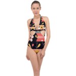  Minimalist Pattern With Simple Lines,flower And Shapes, Creating A Clean And Modern Halter Front Plunge Swimsuit