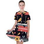  Minimalist Pattern With Simple Lines,flower And Shapes, Creating A Clean And Modern Short Sleeve Shoulder Cut Out Dress 