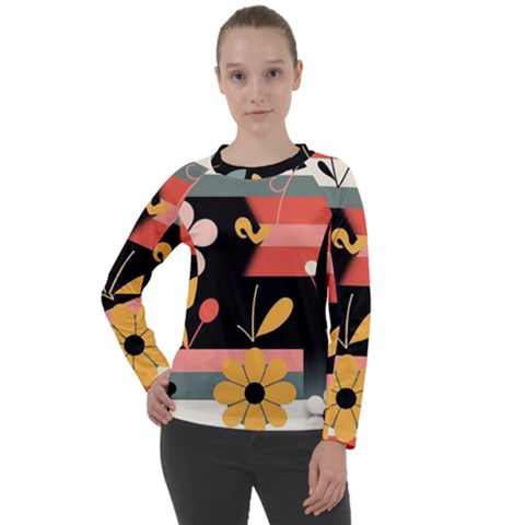 Minimalist Pattern With Simple Lines,flower And Shapes, Creating A Clean And Modern Women s Long Sleeve Raglan T