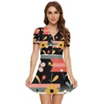  Minimalist Pattern With Simple Lines,flower And Shapes, Creating A Clean And Modern V-Neck High Waist Chiffon Mini Dress