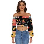  Minimalist Pattern With Simple Lines,flower And Shapes, Creating A Clean And Modern Long Sleeve Crinkled Weave Crop Top