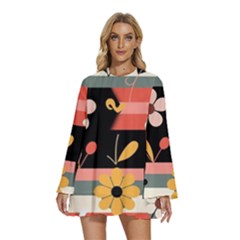 Round Neck Long Sleeve Bohemian Style Chiffon Mini Dress 