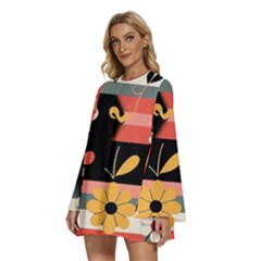 Round Neck Long Sleeve Bohemian Style Chiffon Mini Dress 