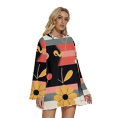 Round Neck Long Sleeve Bohemian Style Chiffon Mini Dress 