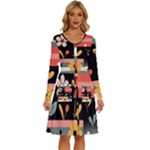  Minimalist Pattern With Simple Lines,flower And Shapes, Creating A Clean And Modern Long Sleeve Dress With Pocket