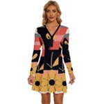  Minimalist Pattern With Simple Lines,flower And Shapes, Creating A Clean And Modern Long Sleeve Deep V Mini Dress 