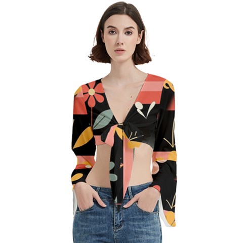 Minimalist Pattern With Simple Lines,flower And Shapes, Creating A Clean And Modern Trumpet Sleeve Cropped Top from ArtsNow.com