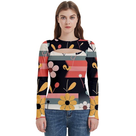 Minimalist Pattern With Simple Lines,flower And Shapes, Creating A Clean And Modern Women s Cut Out Long Sleeve T