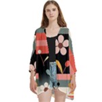  Minimalist Pattern With Simple Lines,flower And Shapes, Creating A Clean And Modern Open Front 3/4 Sleeve Batwing Chiffon Cardigan Kimono