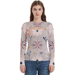 Minimalist Pattern With Simple Lines,flower And Shapes, Creating A Clean And Modern Women s Cut Out Long Sleeve T