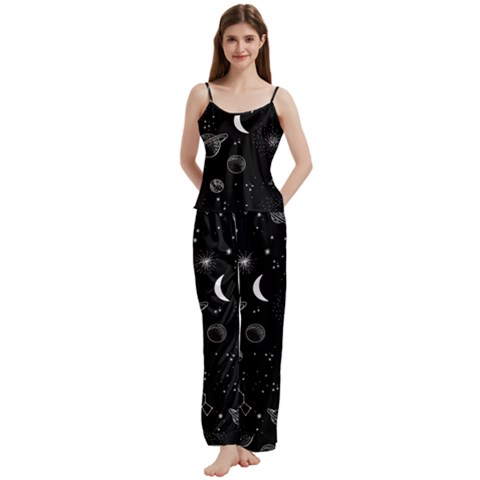 Cosmic Black Space Star Spaghetti Top Long Pants Satin Pajamas Set from ArtsNow.com