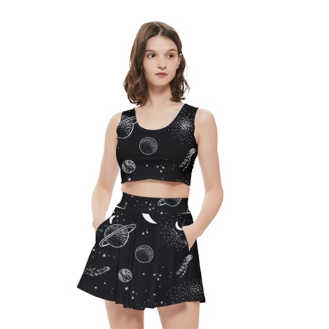 Cosmic Black Space Star Women s Crop Top Pleated Skater Rave Skirt from ArtsNow.com