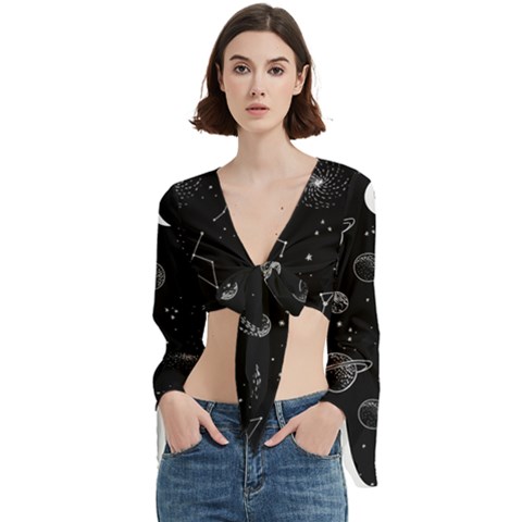 Cosmic Black Space Star Trumpet Sleeve Cropped Top from ArtsNow.com